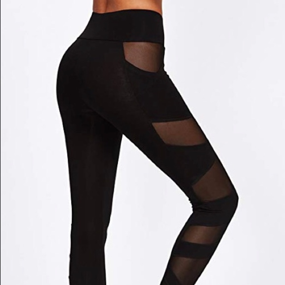 Black Mesh Panel Side High Waist Leggings